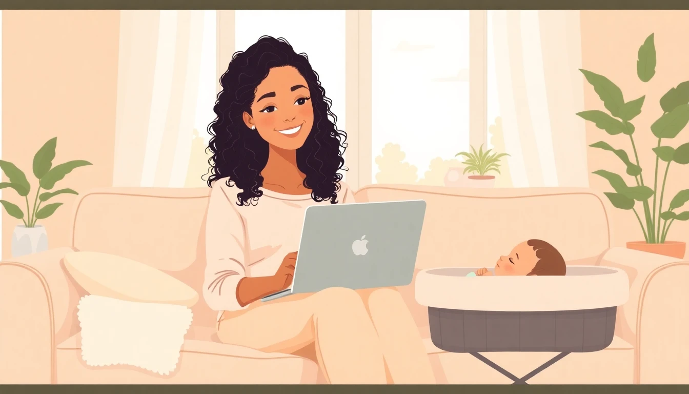 Maman souriante travaillant sur son ordinateur portable dans son salon, avec son bébé qui dort à côté